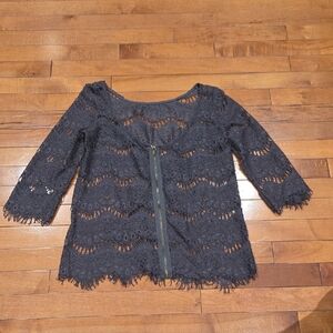 Zara Charcoalcgrey Crochet Lace Zip-Front Top